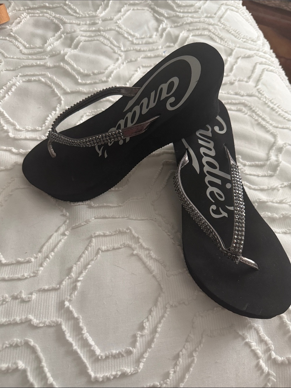 Candie's Black Flip Flop Sandals with Silver Rhinestone Straps